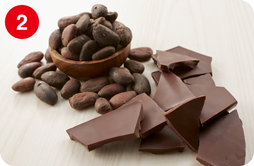 小皿に乗ったカカオ豆と砕かれたチョコレート素材のイメージ